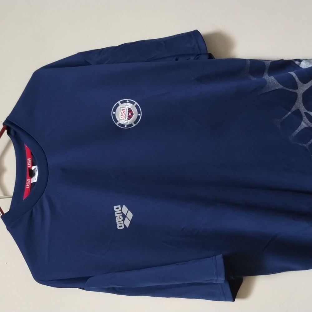 Men’s Arena USA Swimming Shirt Sz XXL Jersey Training Gym Navy Red Olympic